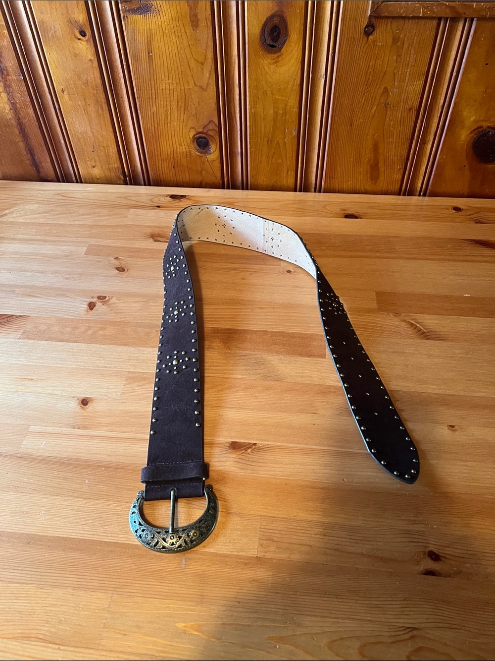 Studded Brown Women's Fashion Belt with Decorative Brass Filigree Buckle